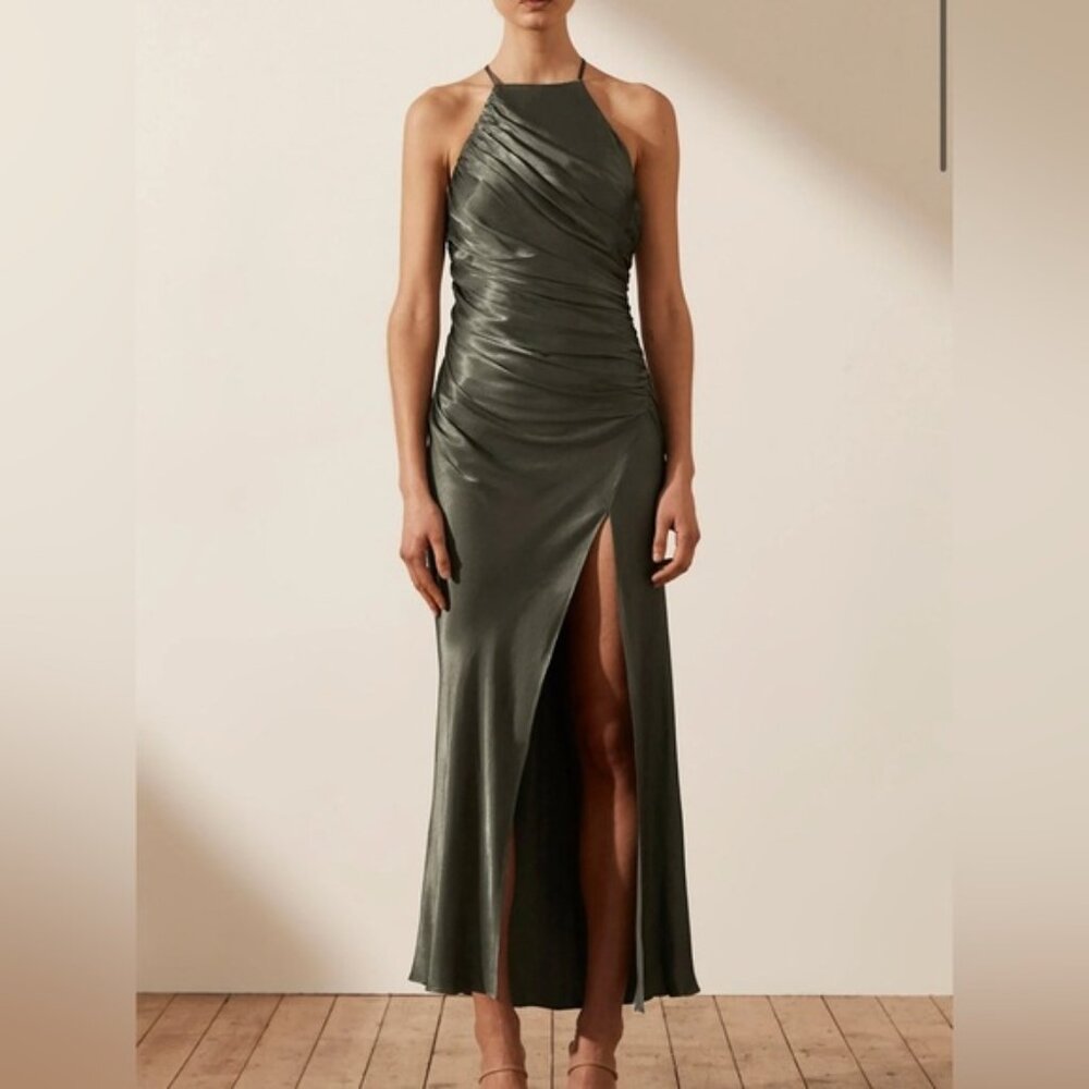 Shona Joy La Lune Square Neck Gathered Midi Grey/Green Size 4 (Good‎ Condition)